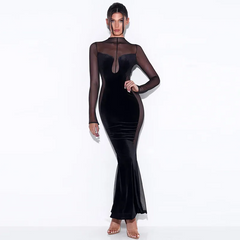 Women Sexy Hollow See-Through Mesh Velvet Patchwork Long Sleeve Round Neck Maxi Dress