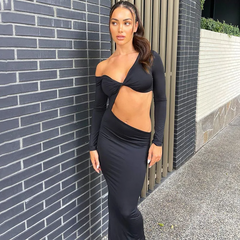 Women Fashion Sexy V-Neck Long Sleeve Hollow Maxi Dress