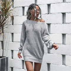 Winter Women Casual Solid Color Long Sleeve Knitted Mini Dress