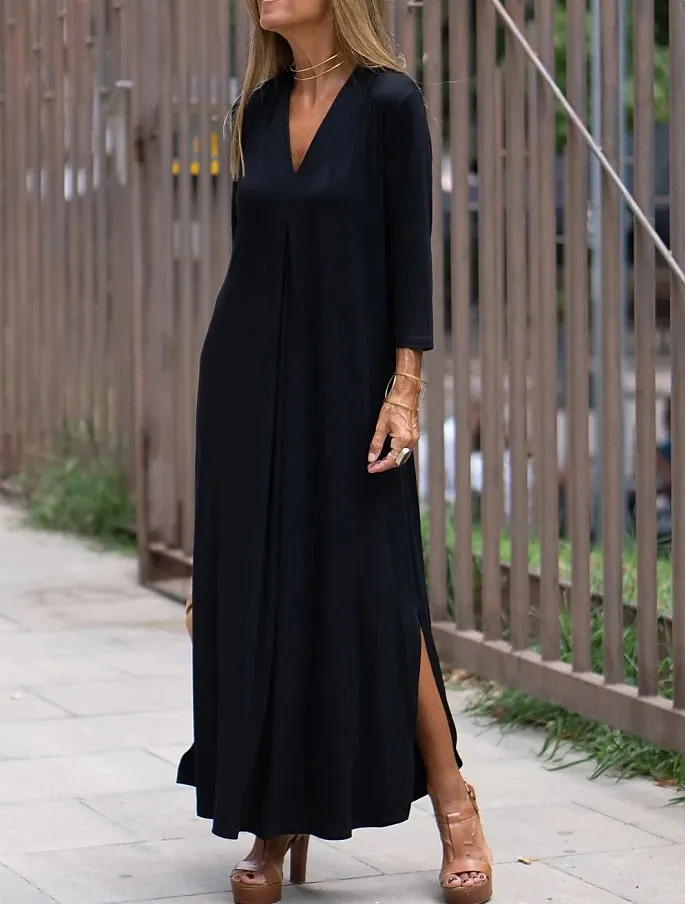 Women Solid V-Neck Split Casual Maxi Dress