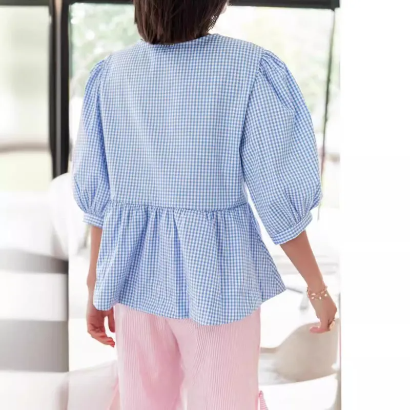 Spring And Summer Women Fashion Stripe Puff Sleeve Bow Knot Blouse