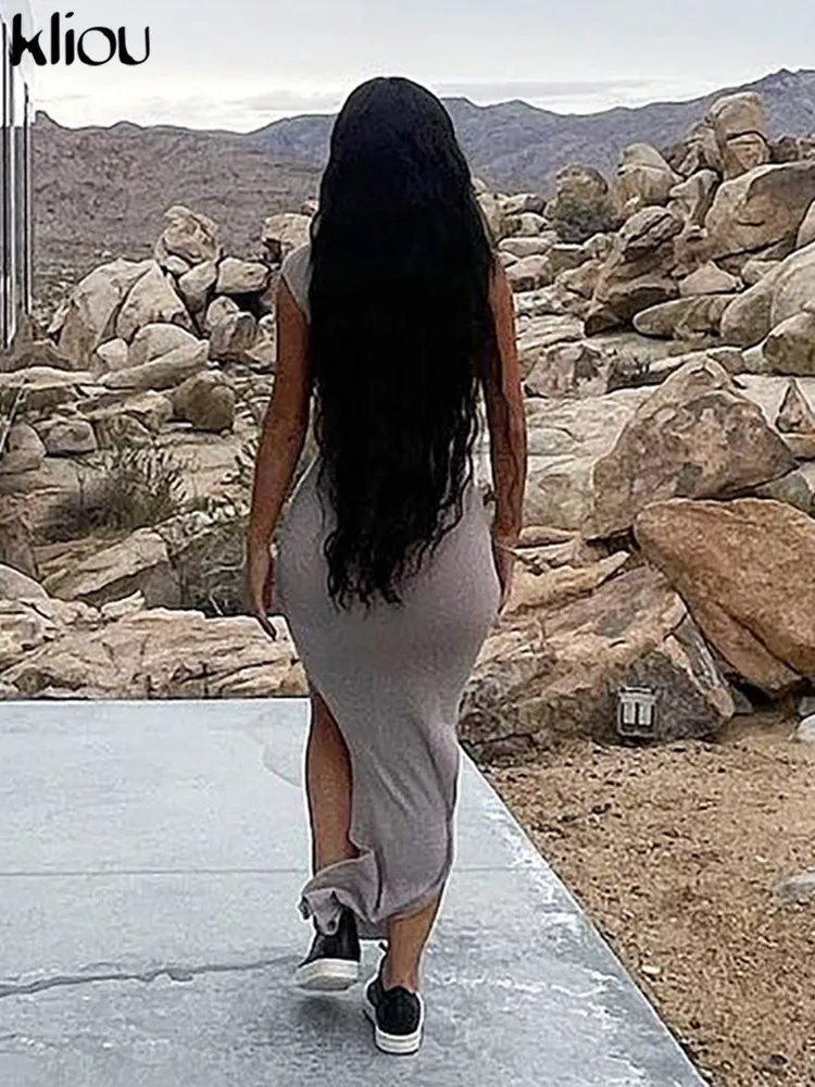 Women Edgy Basic Solid Color Elegant One Shoulder Sleeveless Side-Slit Maxi Dress