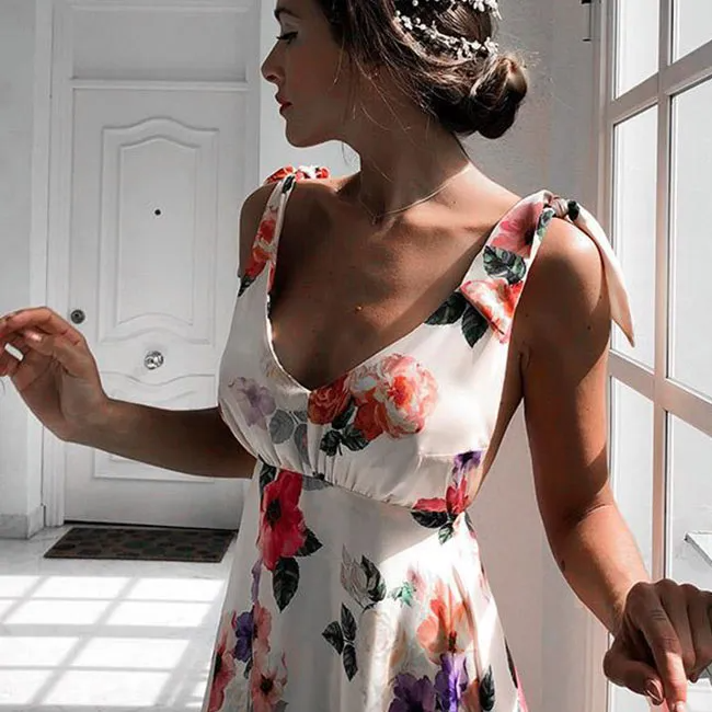 Neck Backless Sleeveless Floral Print Boho Maxi Dress