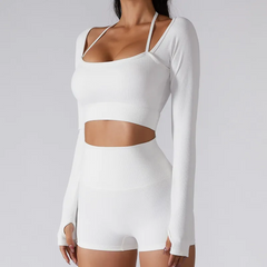 Women'S Fashion Solid Color Halter Neck Slim-Fit Fitness Tight Sports Long Sleeve Top