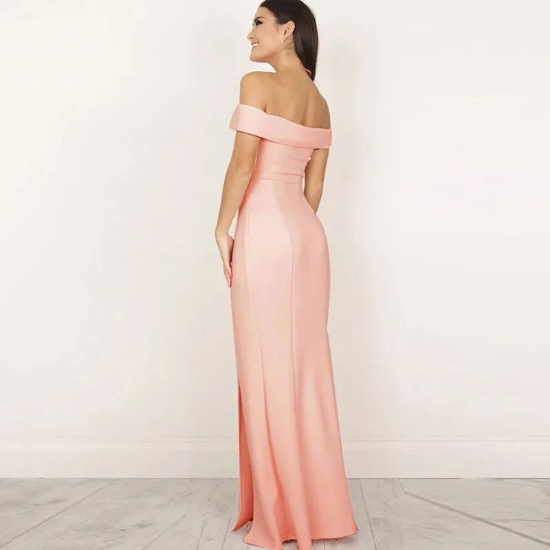 Women Fashion Solid Color Cool-Shoulder Side-Slit Maxi Party Dress