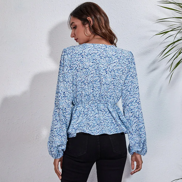 Women Casual Elegant Sweet Floral Print Long Puff Sleeve V Neck Chiffon Blouse