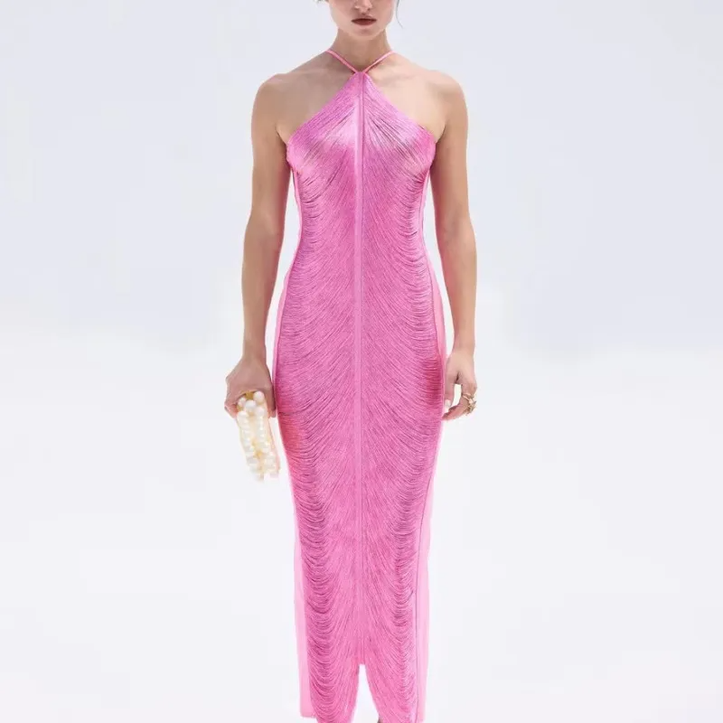 Women Fashion Tassel Back Slit Halter Neck Evening Party Maxi Dress