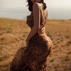 Fashion Lady Annual Party Sexy Low-Cut Design Leopard Print Long Length Slip Dress