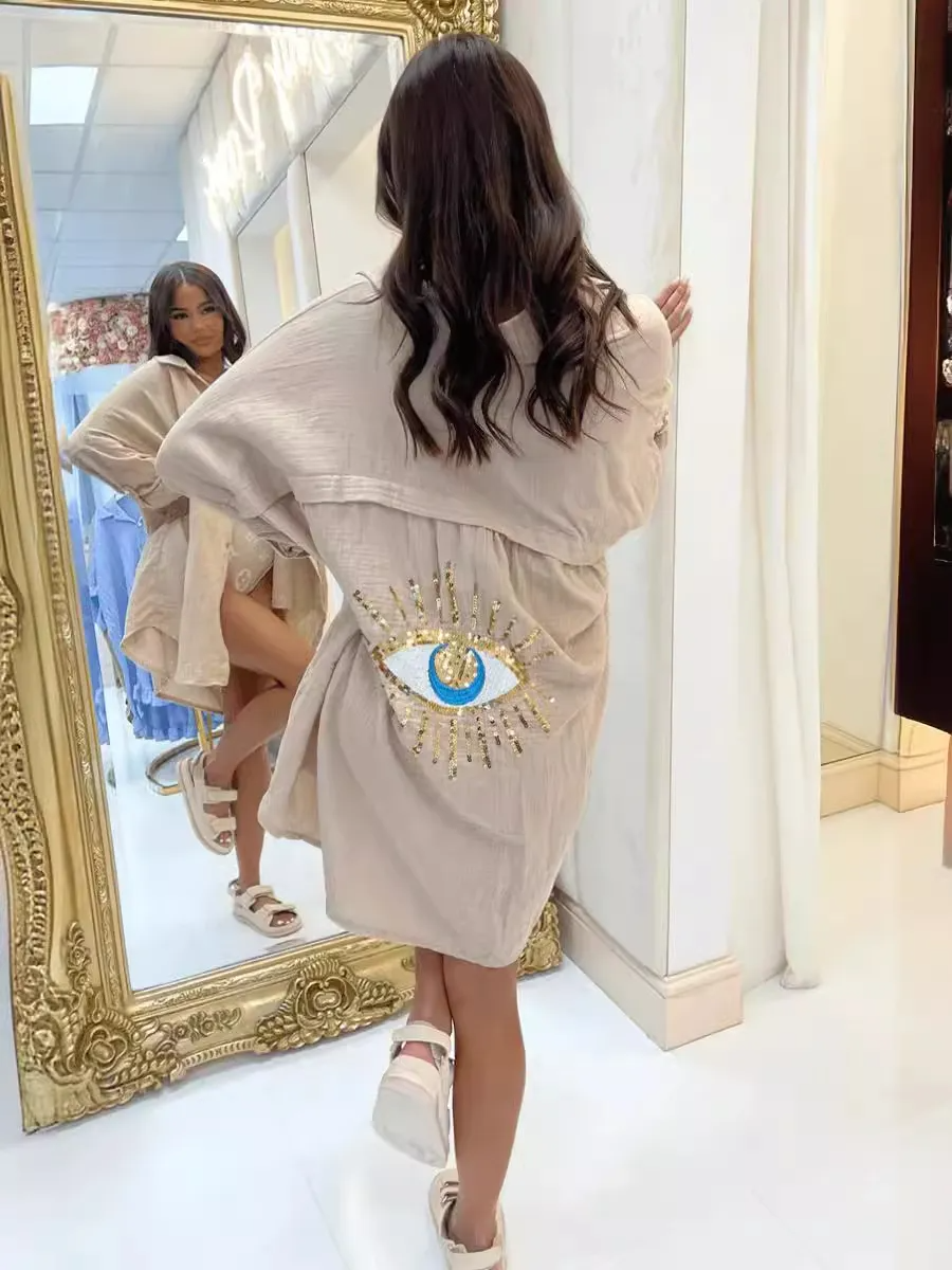 Spring And Summer Evil Eye Sequin Women Fashion Casual Shirt Blouse