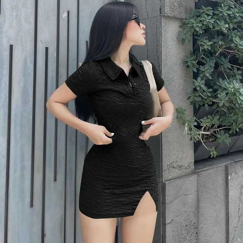 Slim Short Sleeves Solid Color Lapel Side-Slit Bodycon Dress