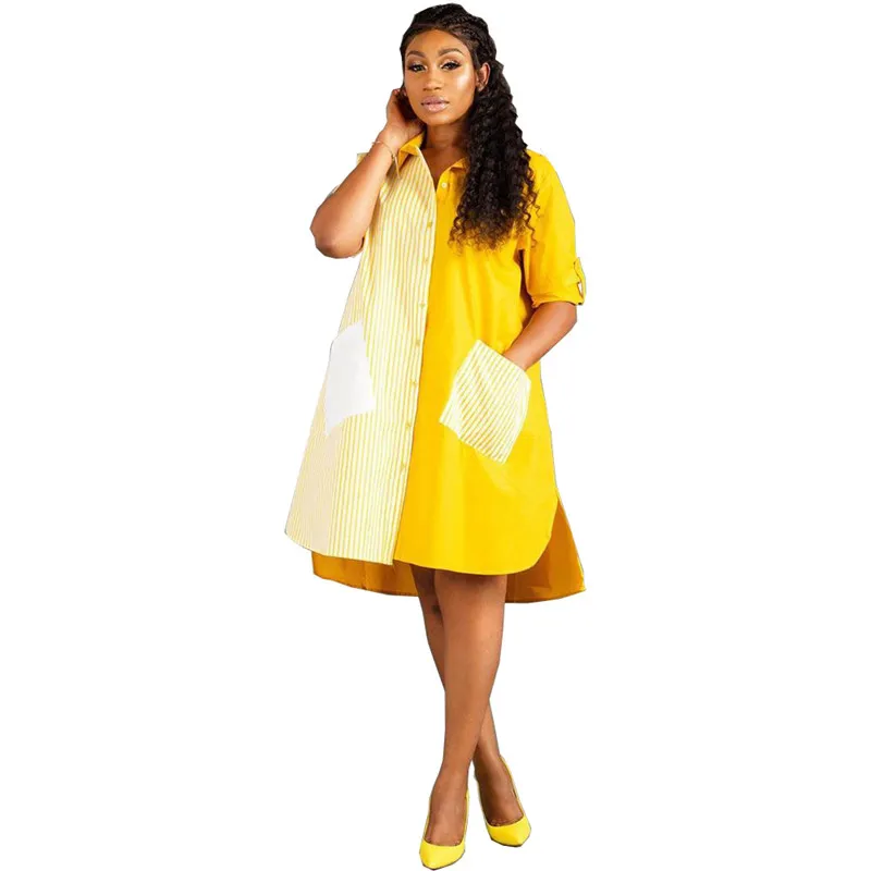 Women Block Color Single-Breasted Casaul Loose Dress
