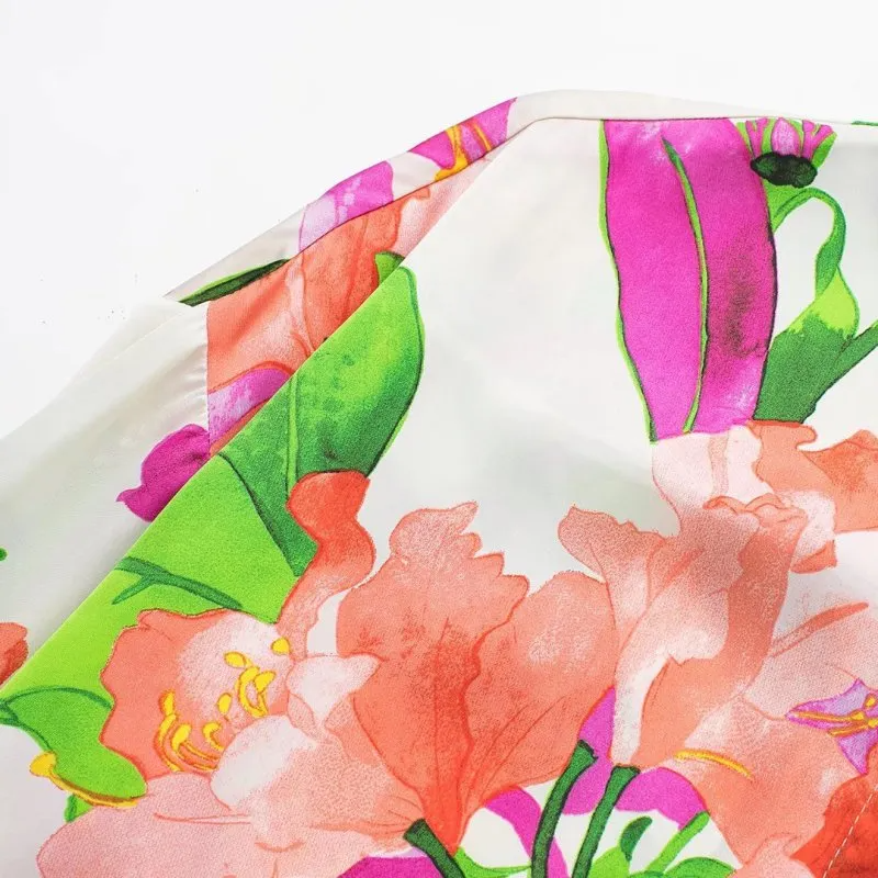 Summer Women Long Sleeve Green Floral Print Vacation Blouse