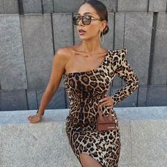 Women Autumn Sexy Leopard Print Long-Sleeved Oblique One Shoulder Side-Slit All Over Print Dress