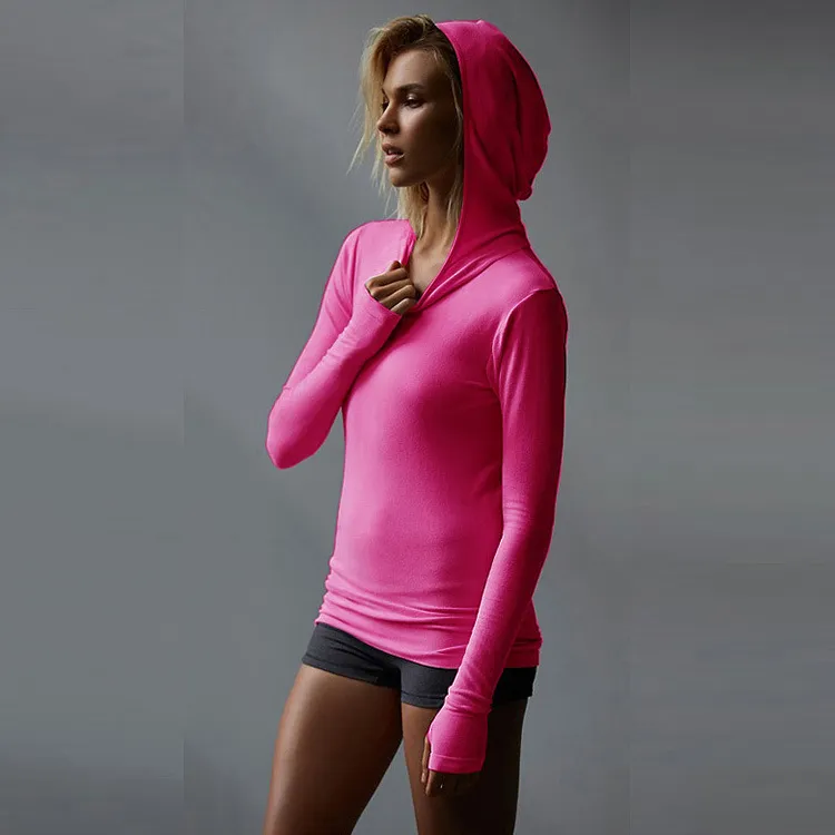 Women Casual Stretch Hooded Long Sleeve Mittens Running Sports Sweatshirt