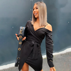 One-Shoulder Long-Sleeve Lace-Up Split Mini Dress