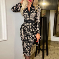 Graphic Printed V-Neck Long Sleeve Dress With Belt
