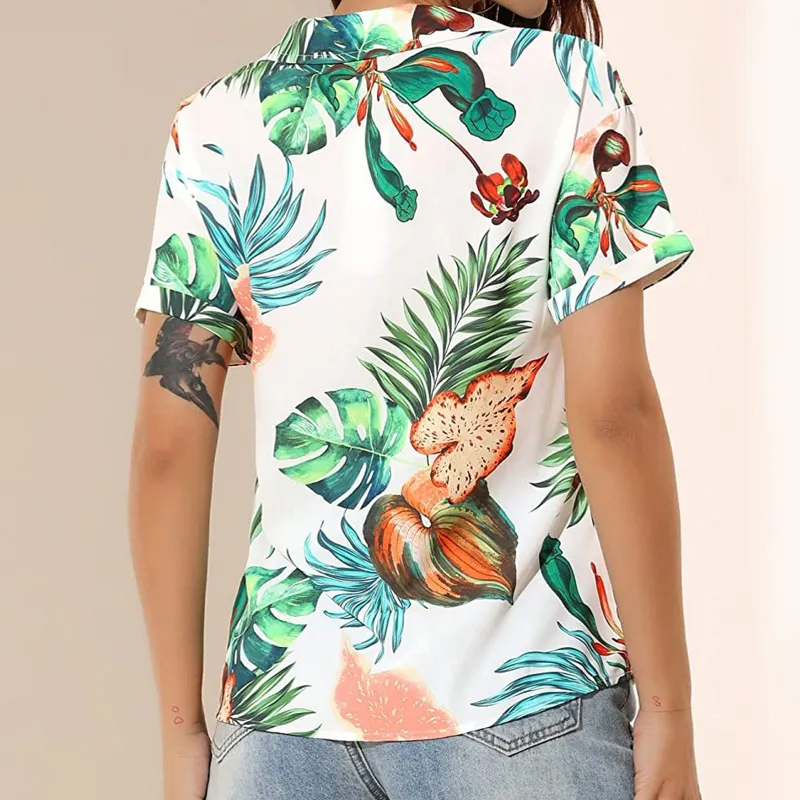 Summer Women Fashion Leaves Printing Short Sleeve Tropical Beach Button Down Cropped Blouse