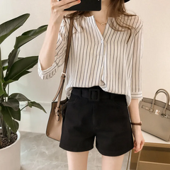 Women Office Summer V Neck Striped Loose Blouse