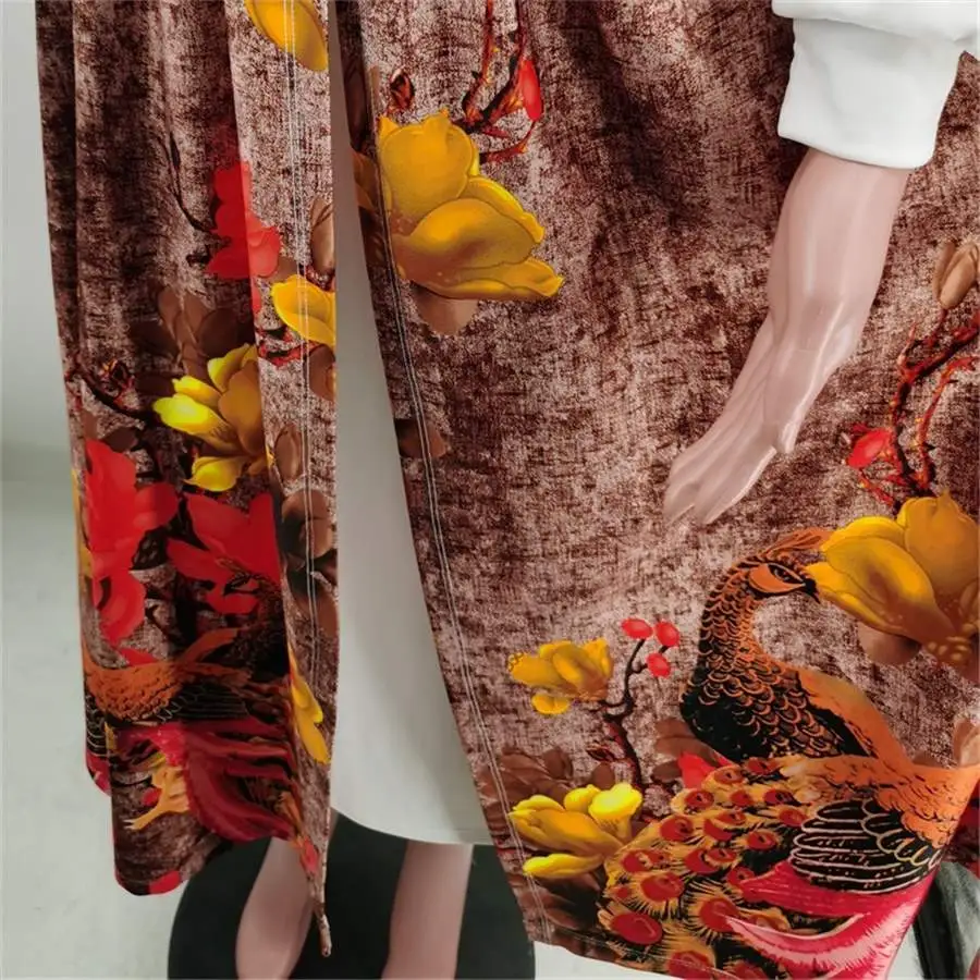 Women Fashion Floral Print Round Neckline Long Sleeve Midi Swing Dress