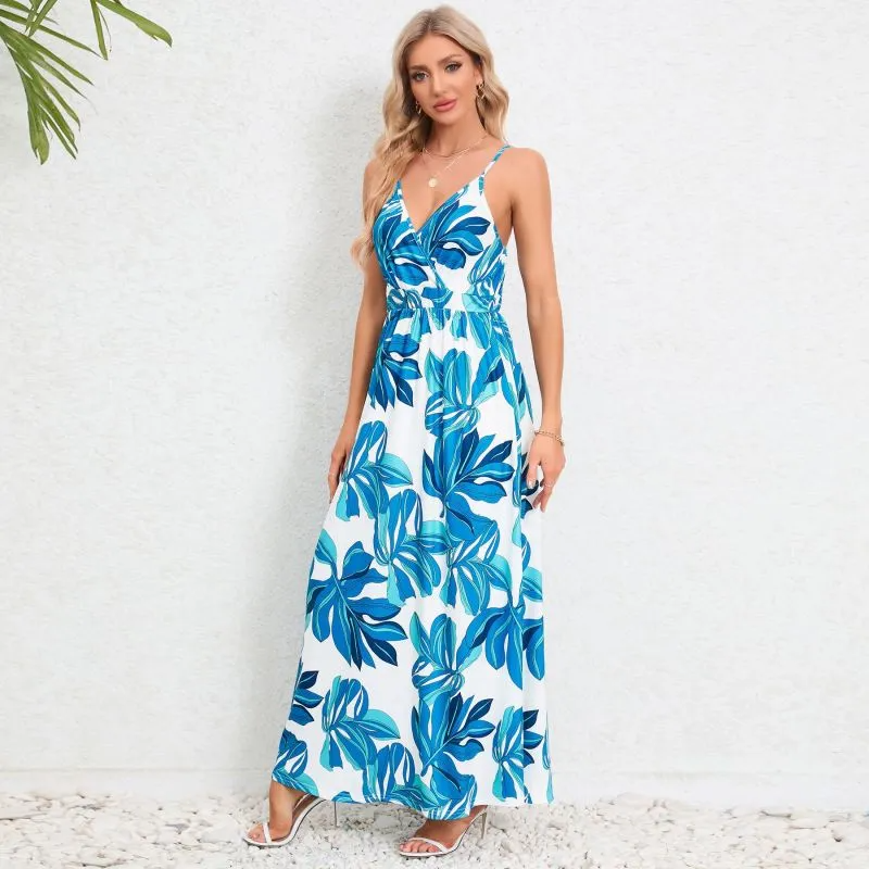 Women Fashion Sexy Printed Strap Backless Maxi Dress