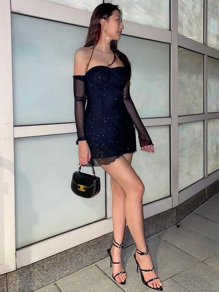 Sexy Mesh Sleeve Backless Mini Dress