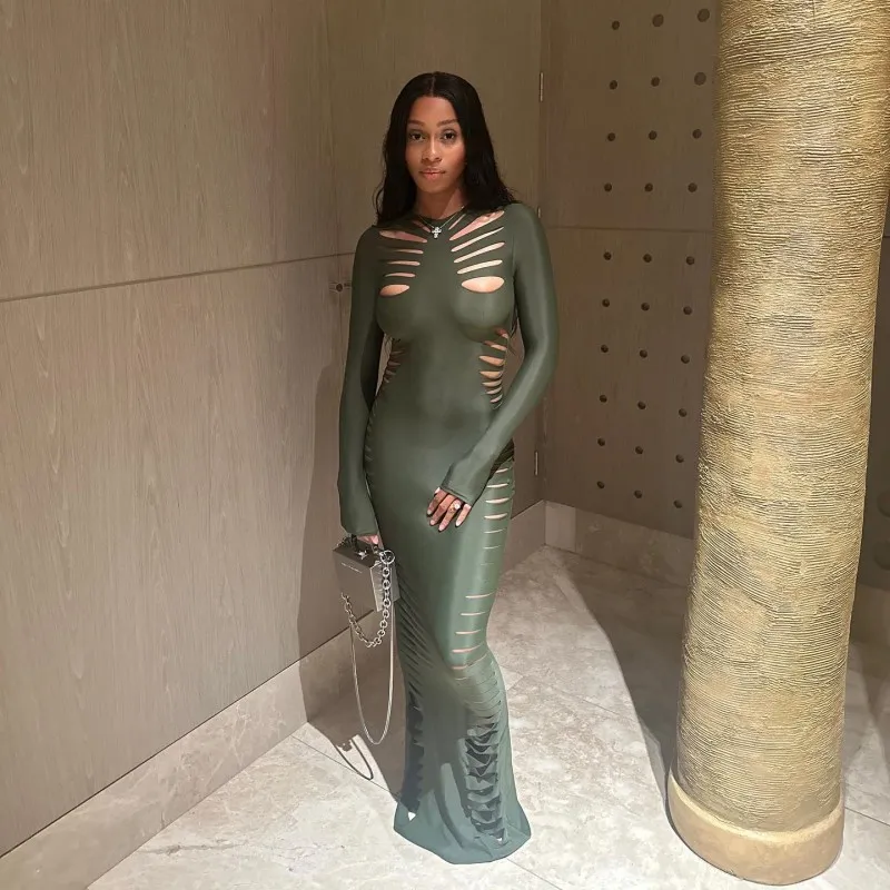 Crewneck Long Sleeve Cutout Bodycon Maxi Dress