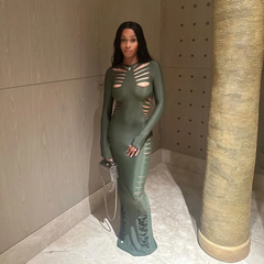 Crewneck Long Sleeve Cutout Bodycon Maxi Dress