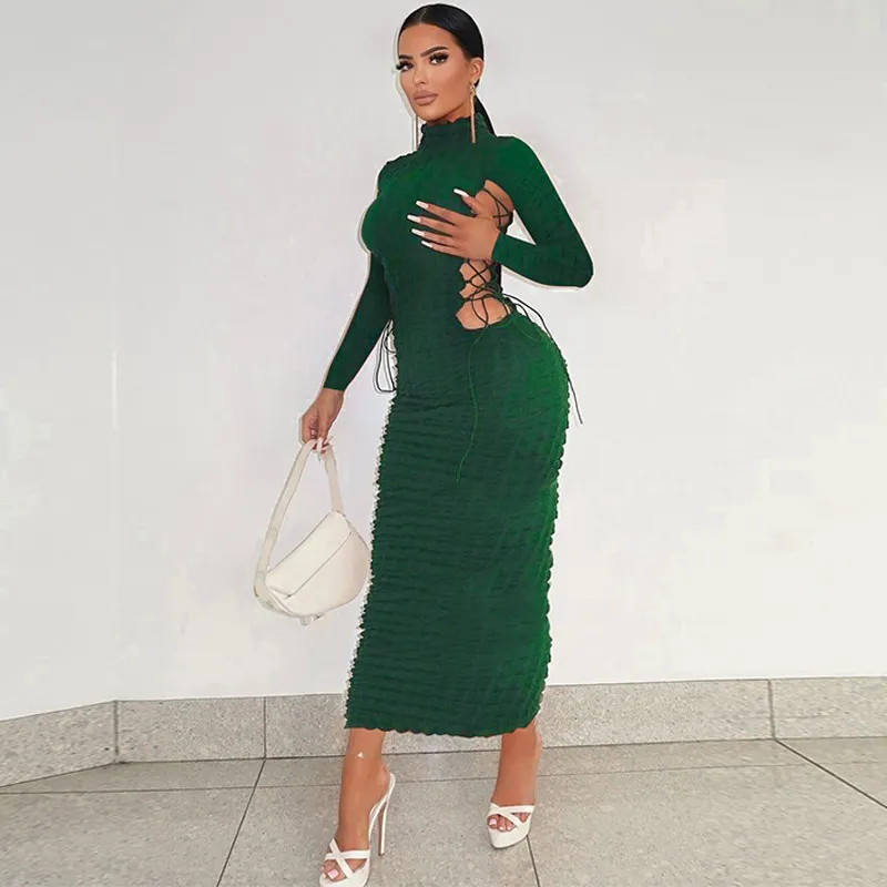 Women Edgy Basic Solid Color Autumn Fashion Turtle Neck Long Sleeve Bodycon Dress