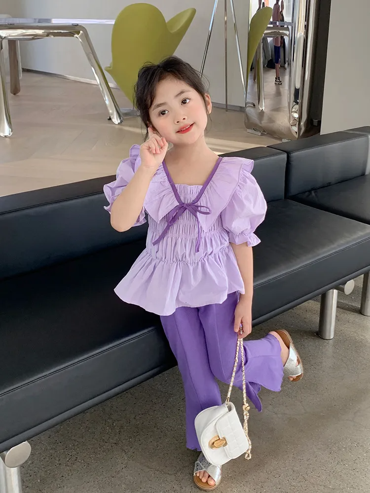 Children Kids Baby Fashion Girls Short Sleeve Bowknot Top And Flared Pants 2pcs Set