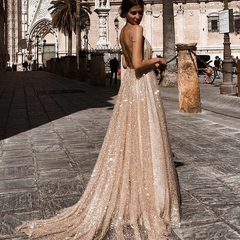 Glittering Women Sexy V Neck Backless Swing Maxi Dress