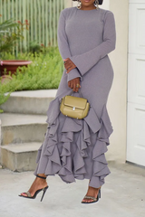 Women Fashion Solid Color Multi-Layer Ruffled Long Sleeve Dress