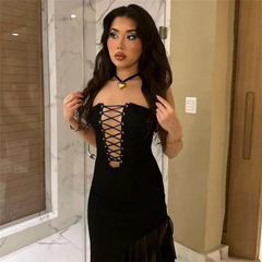 Women Sexy Solid Color Lace-Up Side Slit Bodycon Maxi Dress