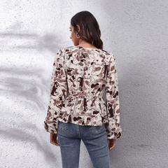 Women Casual Tie Dye Printed Lantern Sleeves Defined Waist V Neck Long-Sleeved Chiffon Blouse