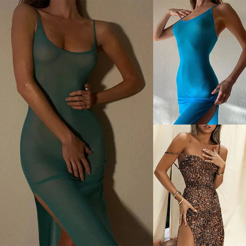 Women Fashion Sexy Strap See-Through Tight Backless Maxi Dress