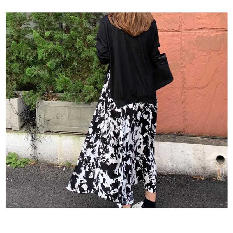 Women Fashion Plus Size Printed Stitching Fake Two-Piece Round Neck Dress