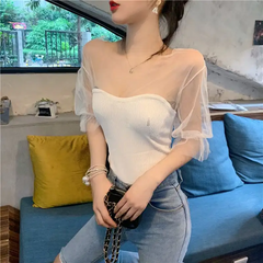 Women Fashion Mesh See Through Patchwork Rib-Knit Top