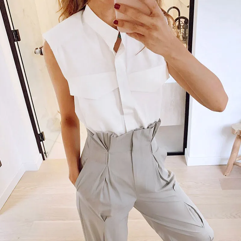 Women Fashion Solid Color Stand Collar Single-Breasted Sleeveless Shoulder Pad Blouse