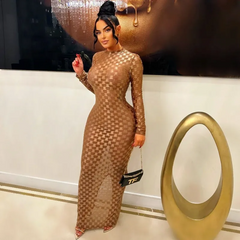 Women Fashion Sexy Mesh Long Sleeve Hollow Maxi Dress