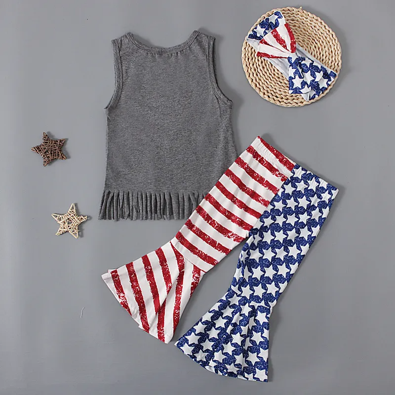Children Kids Baby Fashion Girls Independence Day Flag Sleeveless Letter Print T-Shirt And Pants Set