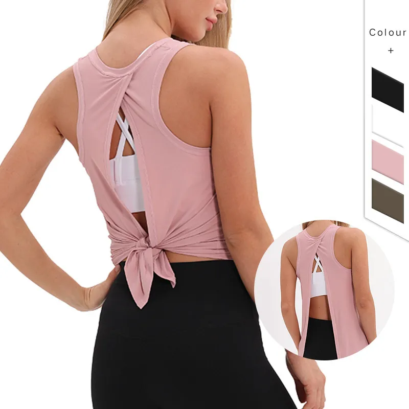 Women Casual Loose Solid Color Round Neck Sleeveless Back Split Sports Tank Top