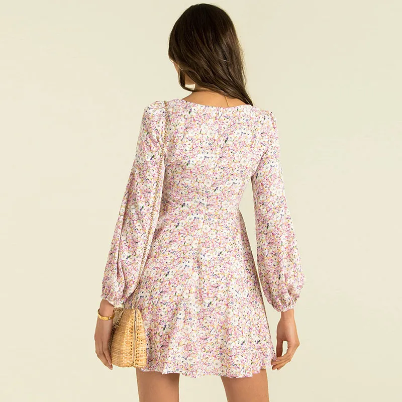 Women Sweet Lantern Sleeve Cut Out V Neck Dress