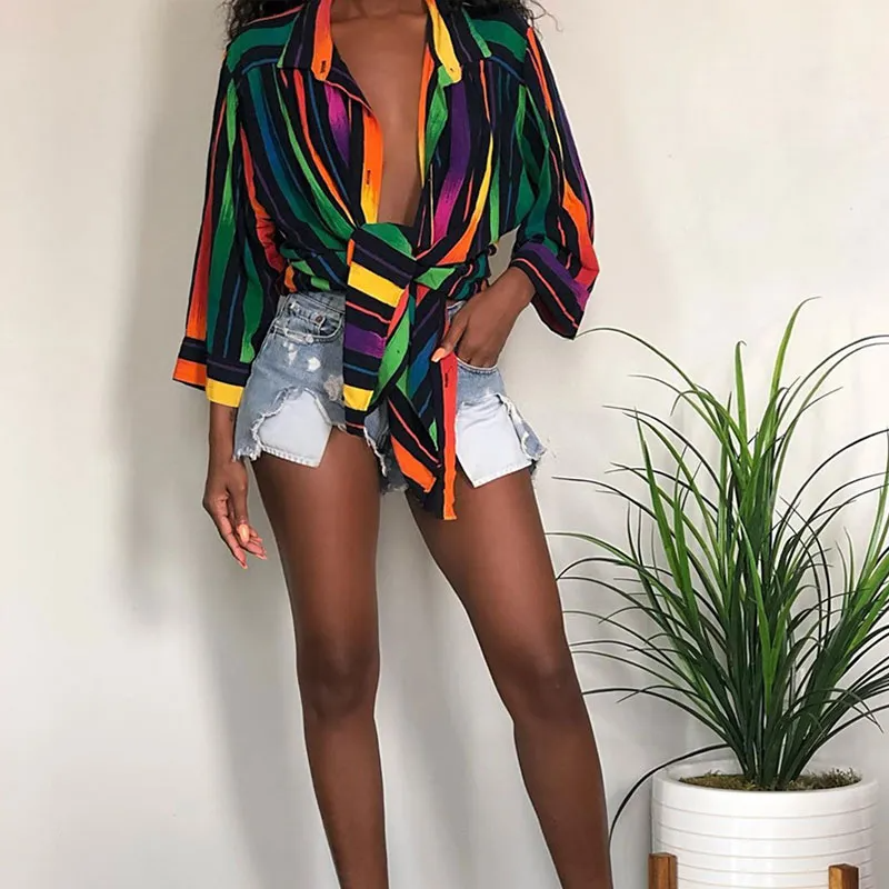 Women Rainbow Color Striped Lapel Single Breasted Long Sleeve Casual Blouses