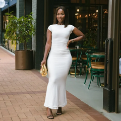 Women Fashion Solid Color Round Neck Short Sleeve Maxi Dress