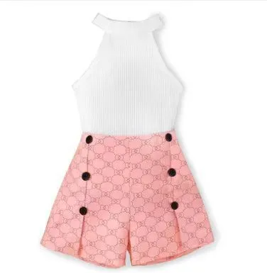 Children Kids Toddlers Fashion Girls Basic Casual Hanging Neck Top And Printed Shorts 2pcs Set