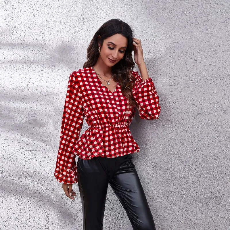 Women Casual Plaid Printed Lantern Defined Waist V Neck Long-Sleeved Chiffon Blouse