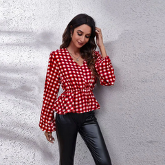 Women Casual Plaid Printed Lantern Defined Waist V Neck Long-Sleeved Chiffon Blouse