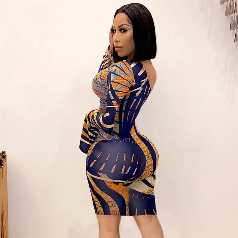 Women Sexy Graphic Printing Flare Sleeve Oblique Shoulder Dress