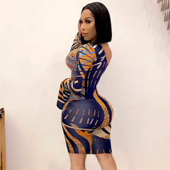 Women Sexy Graphic Printing Flare Sleeve Oblique Shoulder Dress