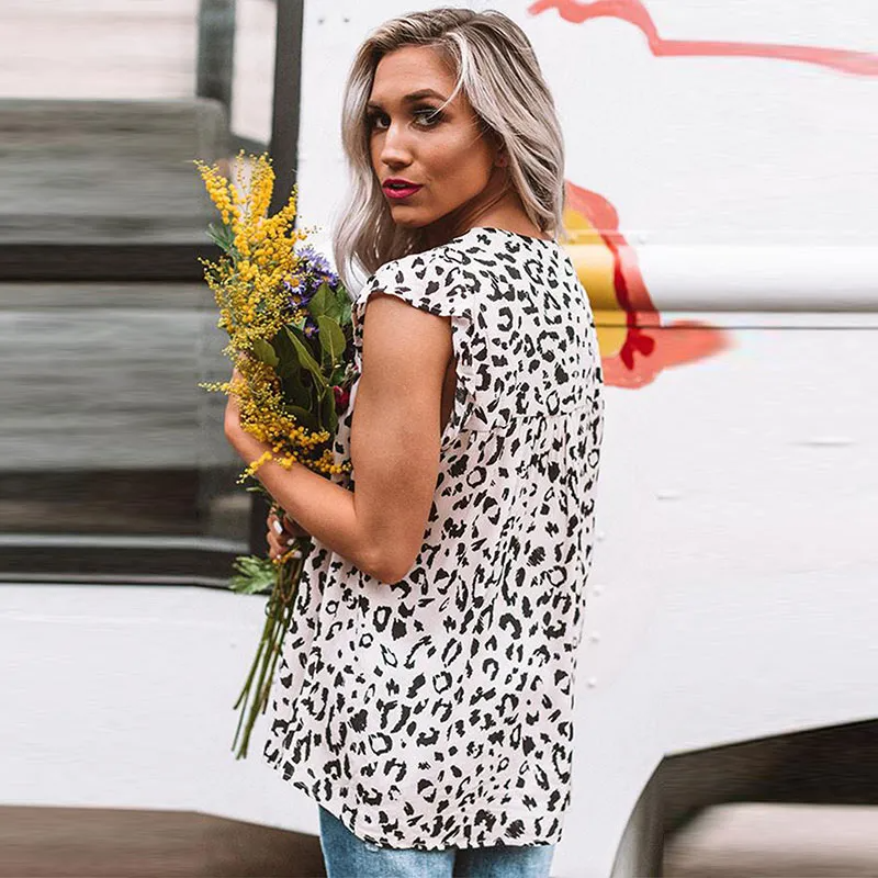 Women Leopard Print Short-Sleeve Blouse
