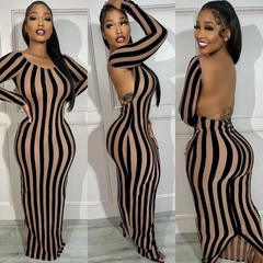 Women Sexy Long Sleeve Stripe Print Backless Bodycon Maxi Dress